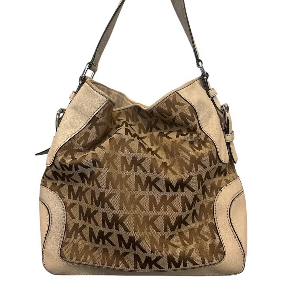 Michael Kors Brown Beige MK Logo Shoulder Bag slouchy tote purse handbag